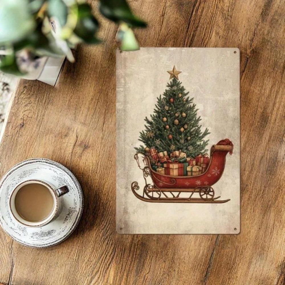 Vintage Santa Sleigh Metal Tin Sign 12x8 Inch Christmas Wall Art Home Decor