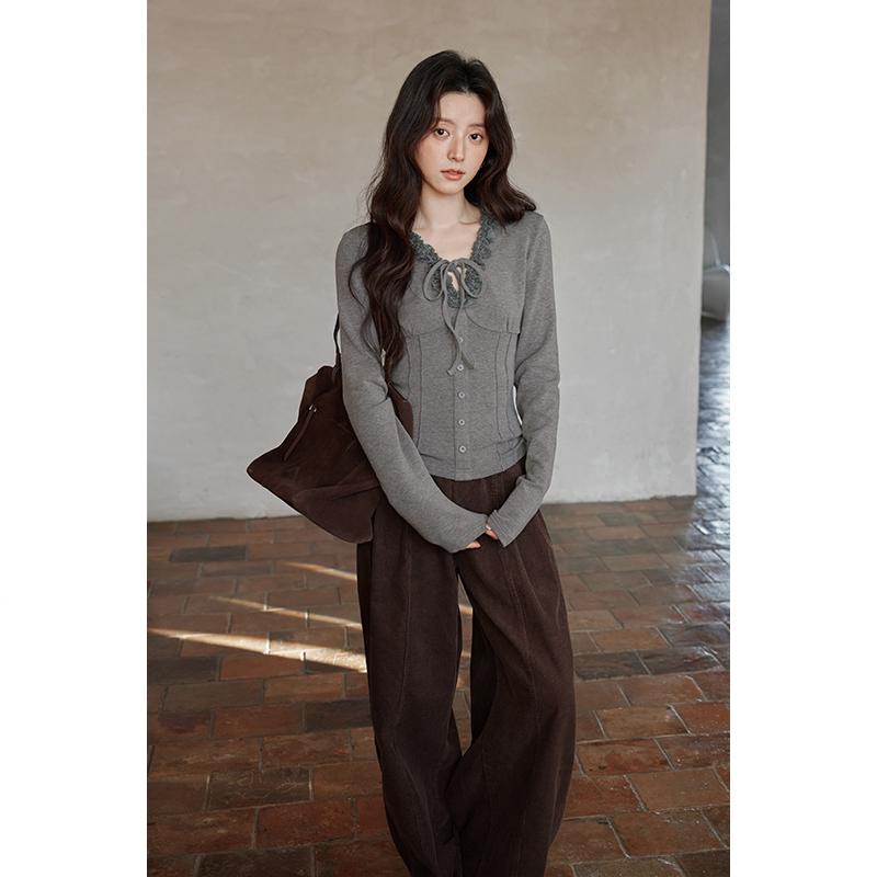 Yimeng 2025 Elegant Korean V-neck Gray Lace-up Patchwork Long Sleeve T-shirt Medium серый