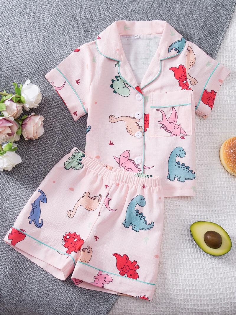 Mädchen-Kurzarm-Pyjama mit Dinosaurier-Print - Sommer-Kindermode, Sicherheitszertifiziert 120cm gray