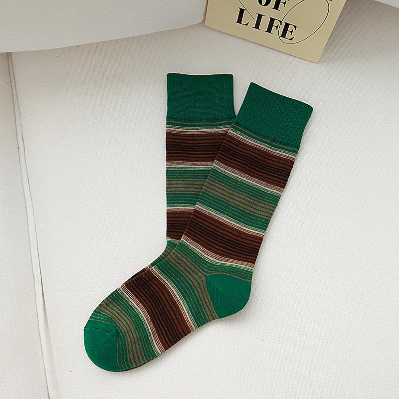 Ladies Autumn and Winter Vintage Color Striped High Tube Pile Socks