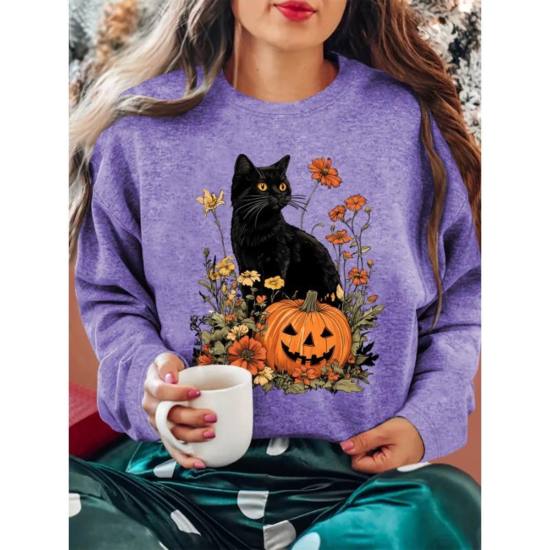 Women's Renewal Women's Autumn and Winter Clothing Wildflower Black Cat Jack-O-Lantern Print Round Neck Long Sleeve T-Shirt