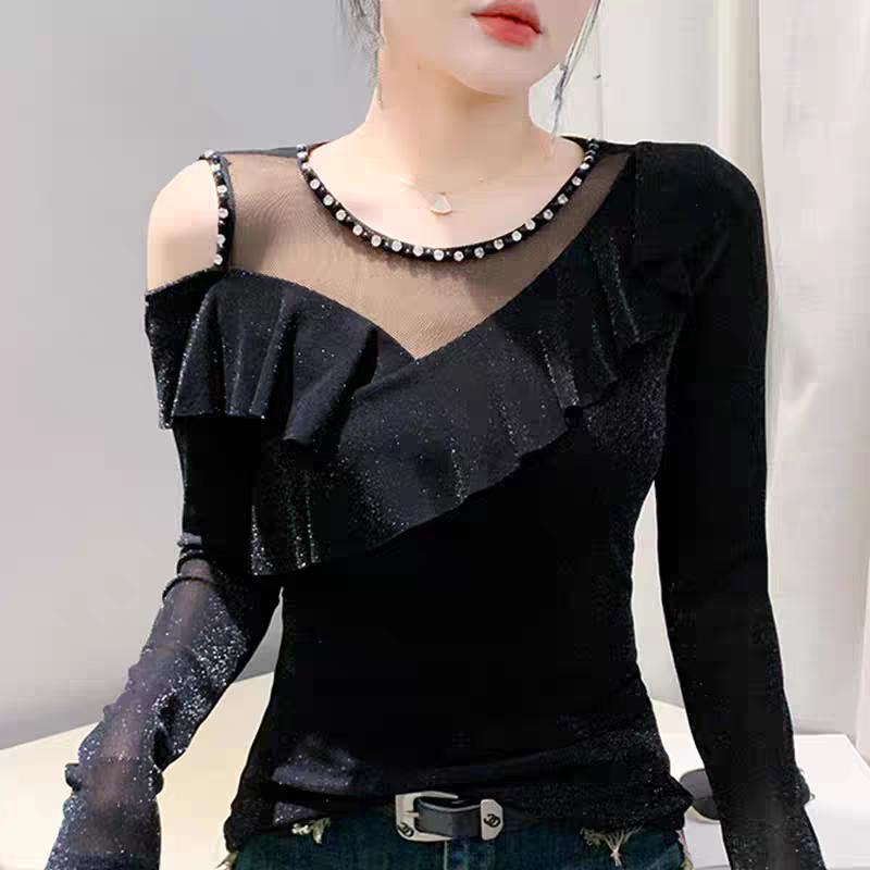 Spring Autumn New Long Sleeved O-neck Sexy Women's Beading Black T-Shirt Elegant Slim Hollow Out Ruffes Tops Tees