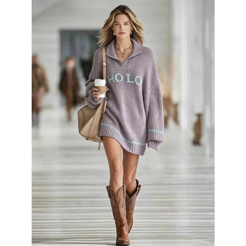 Autumn and winter popular new women's loose letter jacquard sweater zipper lapel mini knitted women's dress
