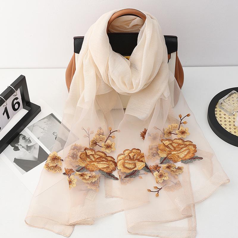 Four Season Silk Wool Scarf Women Hijab Pashmina Shawls Wrap Bandana Blanket Floral Pashmina Embroidery Scarves Foulard Femme
