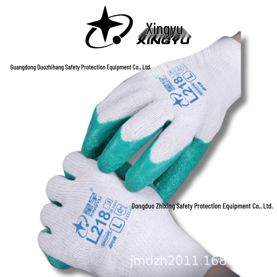 

White PU-Coated Latex Grip Gloves, Ten-Needle Polyester-Cotton Blend White Yarn Green *L 12 pairs/bag