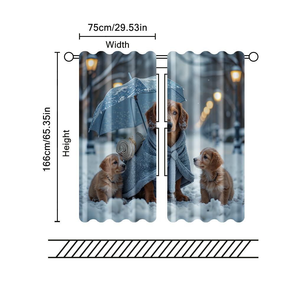 2 pcs, filtering curtains (excluding rods, non-movable, without batteries) a family of puppies in the snow for use in bedrooms