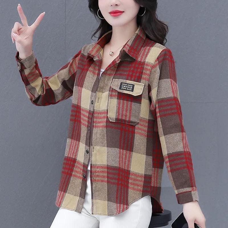 Checkered Long Sleeve Cotton Shirt for Women Fashionable Middle-aged Mother Spring Summer Autumn Trendy Casual Shirts Top