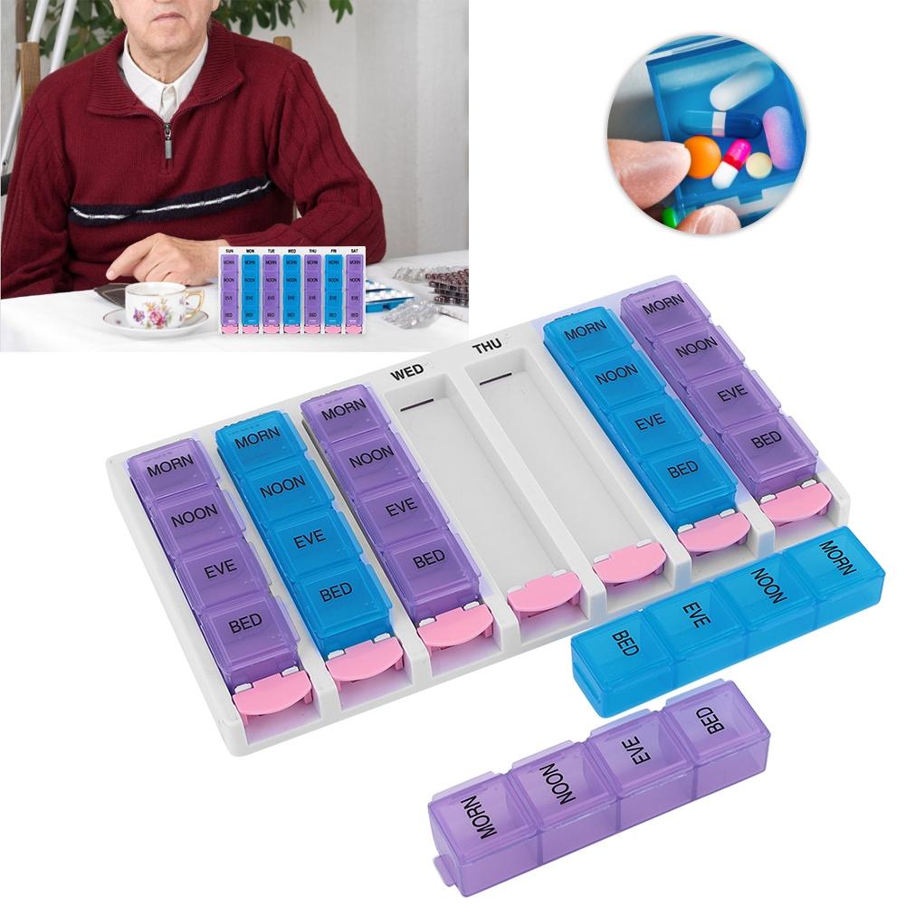 7 Days 4 Times a Day 28 Compartments Pill Box Medicine Organizer with Push Button (Blue Purple)