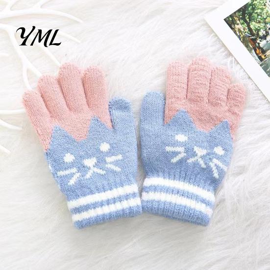 Playful Jacquard Gloves for Daily Wear 1 Pair Kids Winter Gloves, Cozy Thick Lined Mittens with Flexible Knitted Writing Playing Cute Cat Pattern,