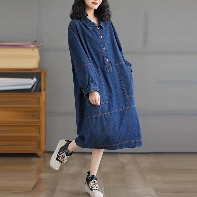 Women Casual Long Dress Turn-down Collar Solid Color Loose Female Denim Dresses