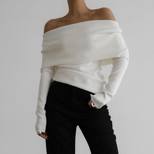 Spring Autumn Women's Sexy Off-shoulder Knitted Sweater Slim Stretch Long-sleeved Pullover Knitted Sweater