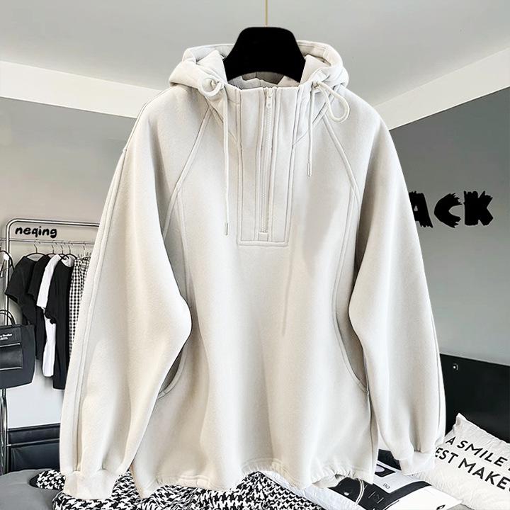 High-Quality Oversized Half-Zip Hoodie - Solid Color, Breathable Patchwork Design for Spring & Autumn