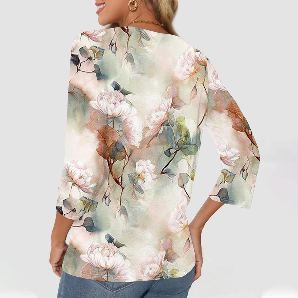 Damemote Uformelt blomstertrykk V-hals dekorativ knapp med trekvart ermet T-skjorte