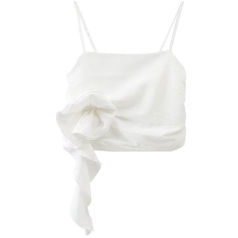 Fashion Style 2024 Spring and Summer New Women's Three-Dimensional Flowers Ruched Decoration Small Sling Slim-Fit Crop-Top 67086345