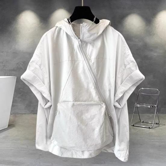Pánské letní tričko s kapucí velká nášivka kapsa na zip zapínání oversized čistá barva pytlovité krátké rukávy střední délka streetwear hip hop sportovní mikina