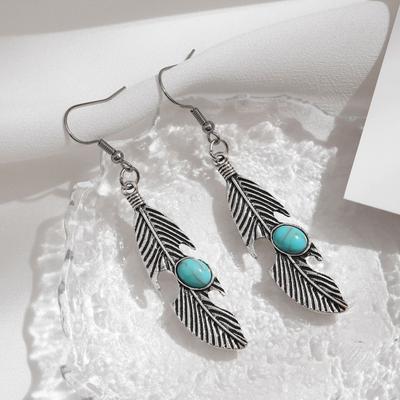 1 Pair Women Hook Earrings Hollow Out Feather Shape Retro Bohemian Style Faux Turquoise Stainless Alloy Ear Decoration Jewelry Long Hanging Earrings