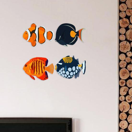 4 Stück Holzfisch Nautische Wanddekoration Rustikal Fischschwarm Wandkunst Küstenthema Ozean Wandskulptur für Seehaus Zuhause Badezimmer Schlafzimmer