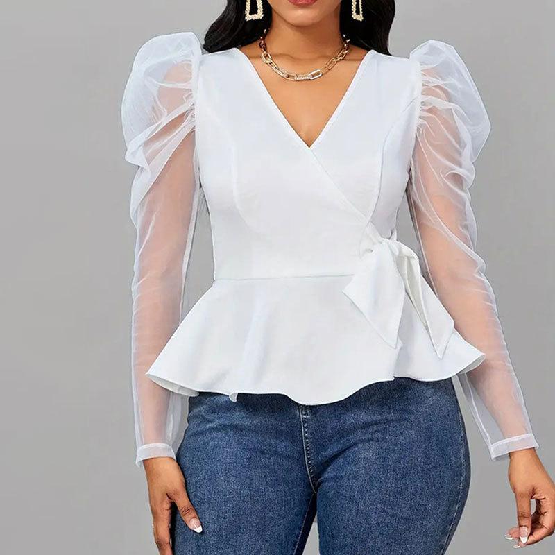 

Женский летний прозрачный повседневный топ с v-образным вырезом и завязками на рукавах-пузырях S белый