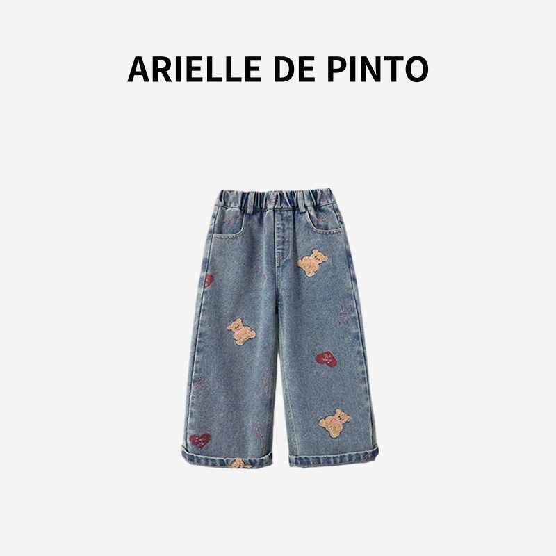French Arielle De Pinto Girls  Pants, Spring and Autumn Style, Fashionable Casual Bear Heart Design, Baby Girl Jeans Image color 90