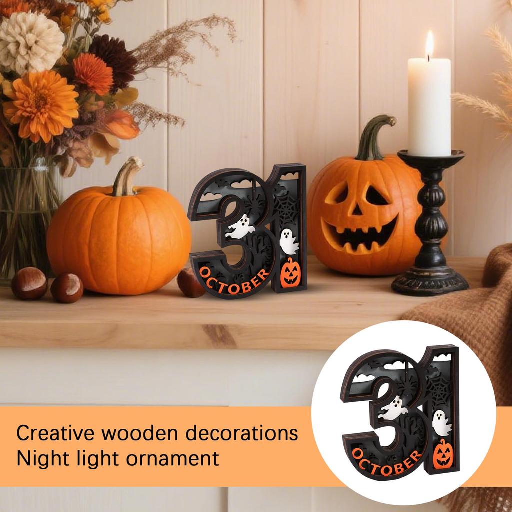 Wooden Halloween Decorative Night Light Sign with 3D Carved Pumpkin Ghost and Haunted House Design for Seasonal Indoor Display