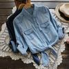 Camicia in denim con lacci, nodo, maniche medie e piccolo scialle, da donna, versione coreana, giacca corta da donna, sottile