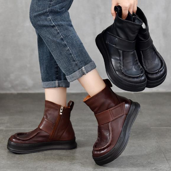 Johnature Vintage Genuine Leather Handmade Shoes Round Toe Short Boots Casual Versatile Women's Shoes