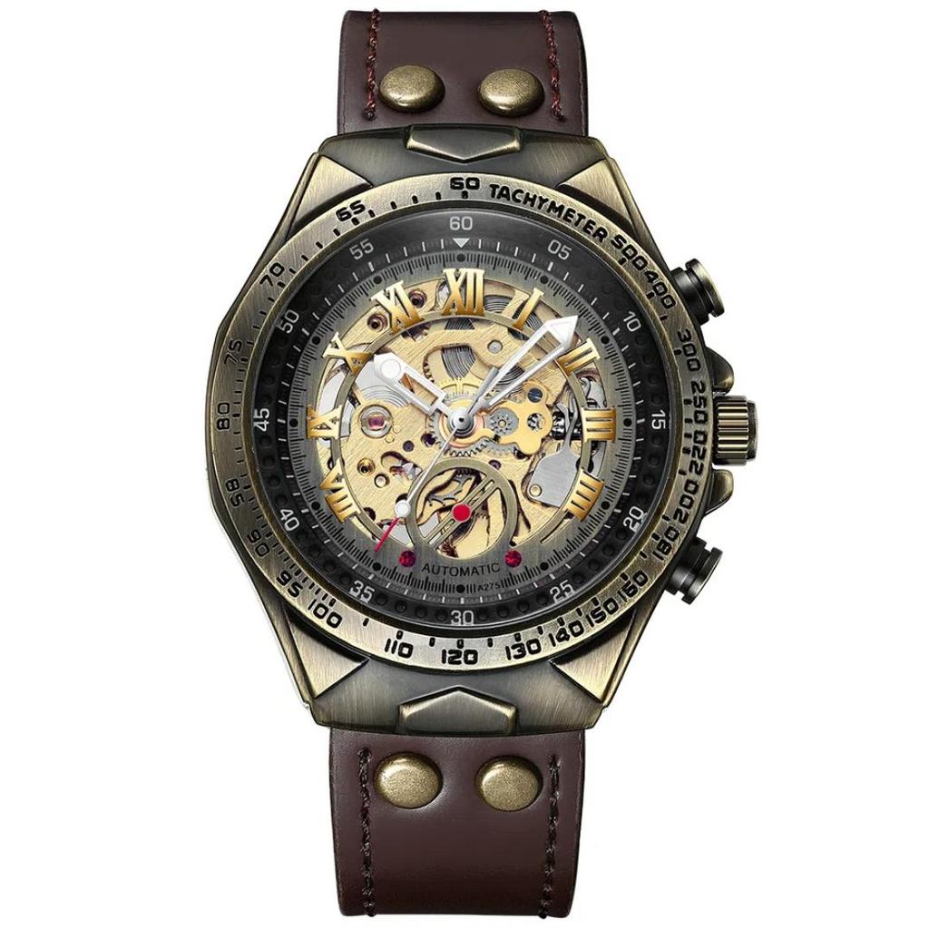BINBOND Erkekler için Retro İskelet Steampunk Saat, Bronz Bezel, Otomatik Mekanik Saat, Deri Kayış, Su Geçirmez Erkek Kol Saati