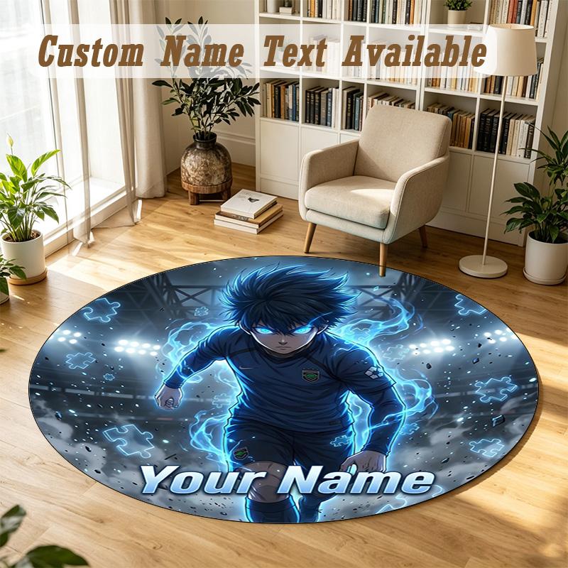 Round Rug Custom NameBlue Lock Pattern Non Slip Carpet Home Floor Decor