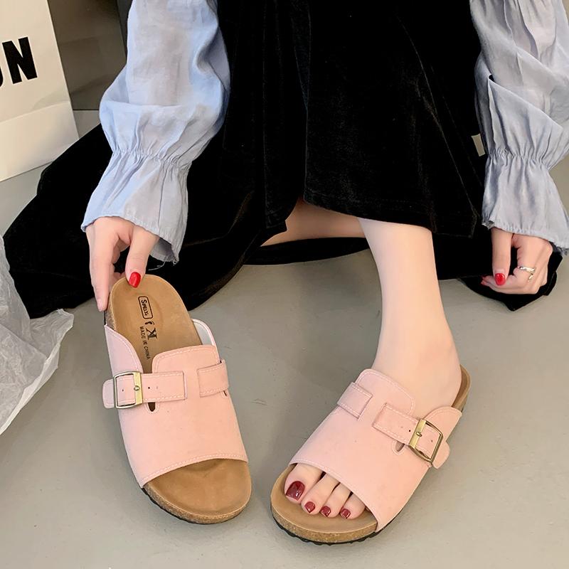 Summer New Sandals Women Round Head Open Toe Suede Metal Buckle Anti-slip Wear-resistant Flat Slippers