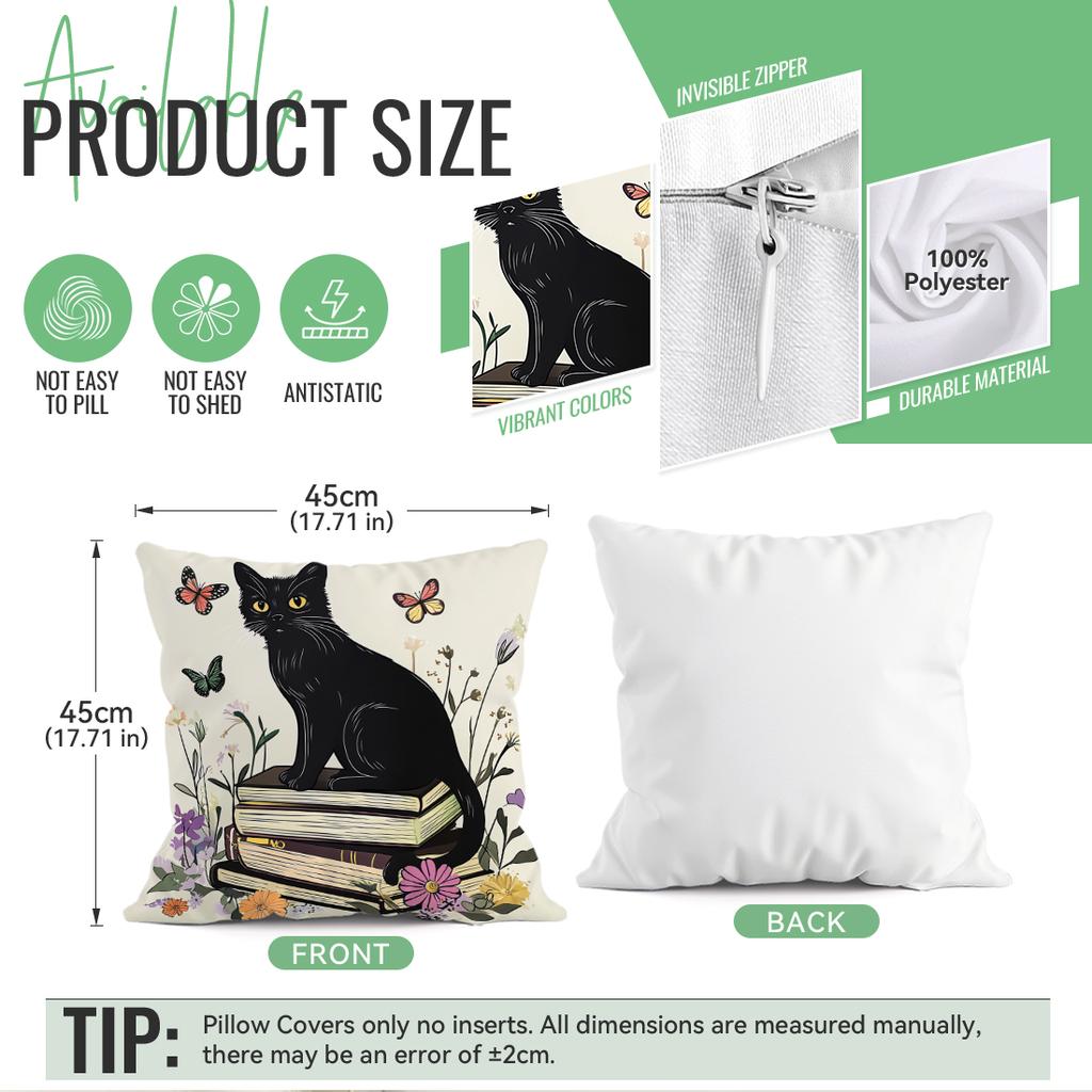 Black Cat Books Cushion Pillowcase Printed Polyester 45x45cm Throw Pillowcover Decorative Sofa Cushion Pillowslip Home Decor
