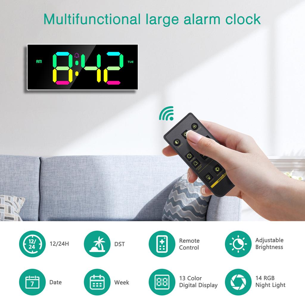 ORIA Digital Wall Clock 12" Large Display RGB Colorful Alarm Clock with Remote Control for Living Room, Gym