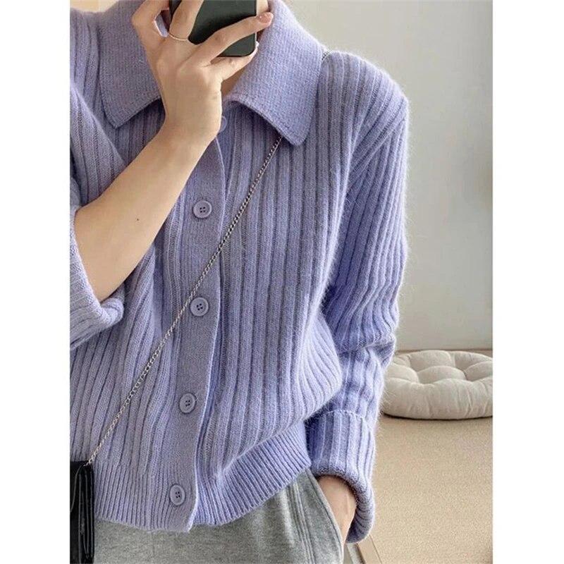 Korean Fashion Solid Color Knit Cardigans Tops Women 2024 Turn Down Collar Sweater Coats Woman Long Sleeve Chic Soft Slim Knit Cardigan Jacket Female