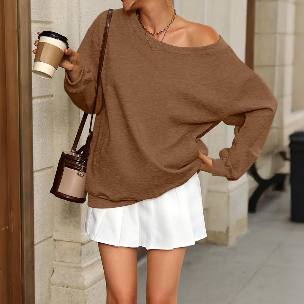 Women's Casual Fashion Solid Color Off-shoulder Long-sleeved Loose Sweatshirt With Pockets