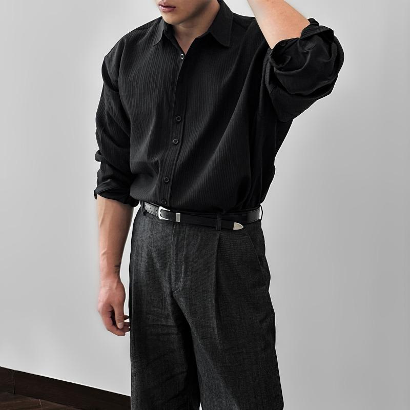 

Мужские рубашки с длинным рукавом на весну и осень Модные однотонные топы свободной посадки с текстурой в вертикальную полоску, не требующие глажки L чёрный