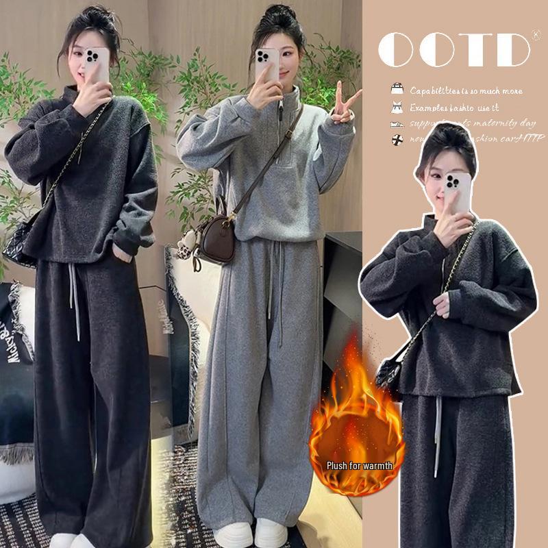 2025 Autumn/Winter Maternity Velvet Hoodie & Wide-Leg Pants Set 2XL