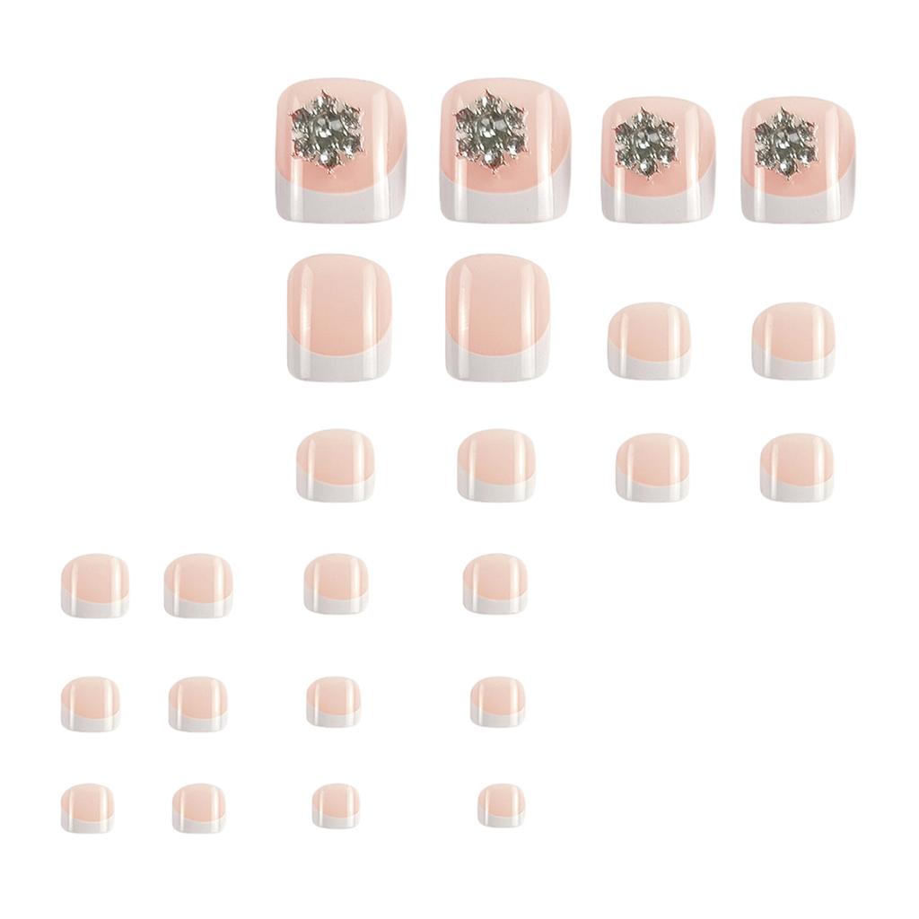 24Pcs White French Toe Nails with Snowflake Rhinestone Elegant Design for Party Wedding Daily Use