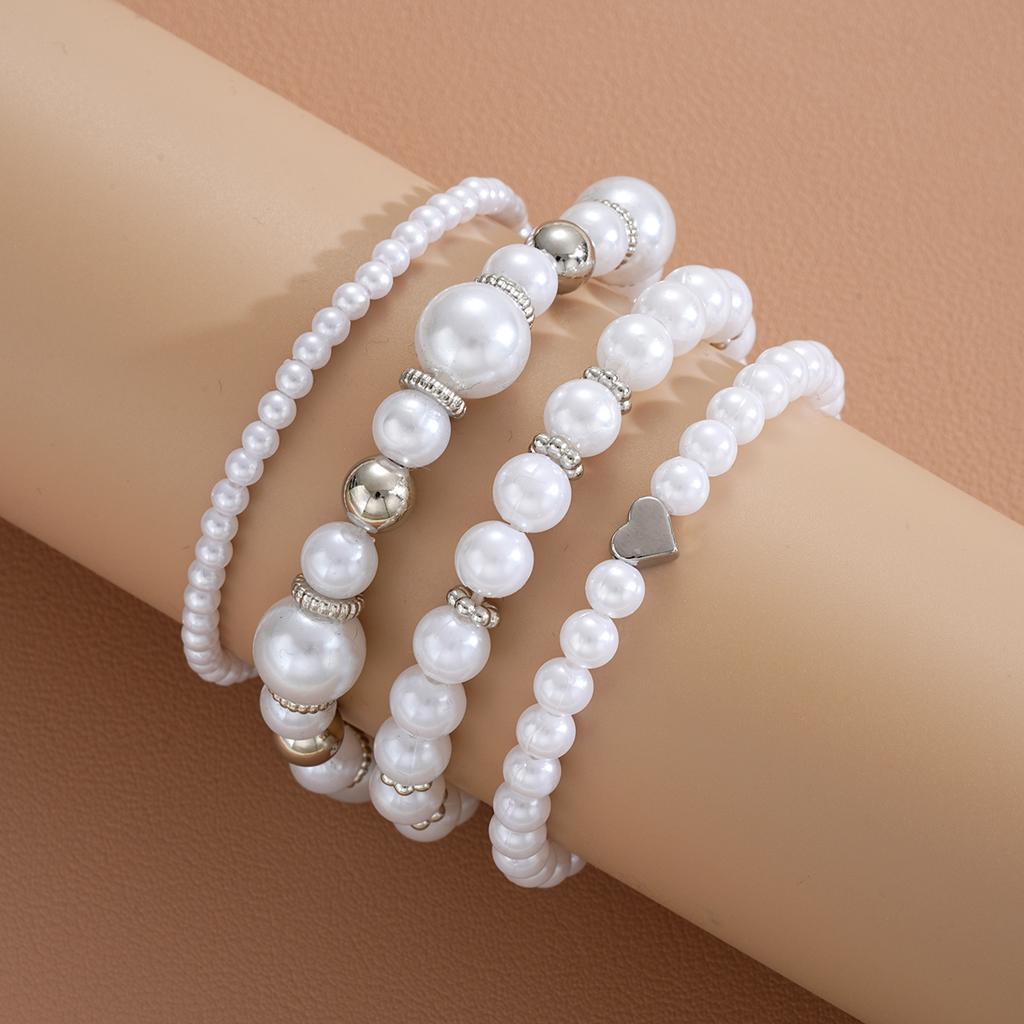 4Pcs/Set Imitation Pearl Heart Beads Bracelets Set for Women Simple Silver White Color Versatile Bracelets Fashion Party Jewelry