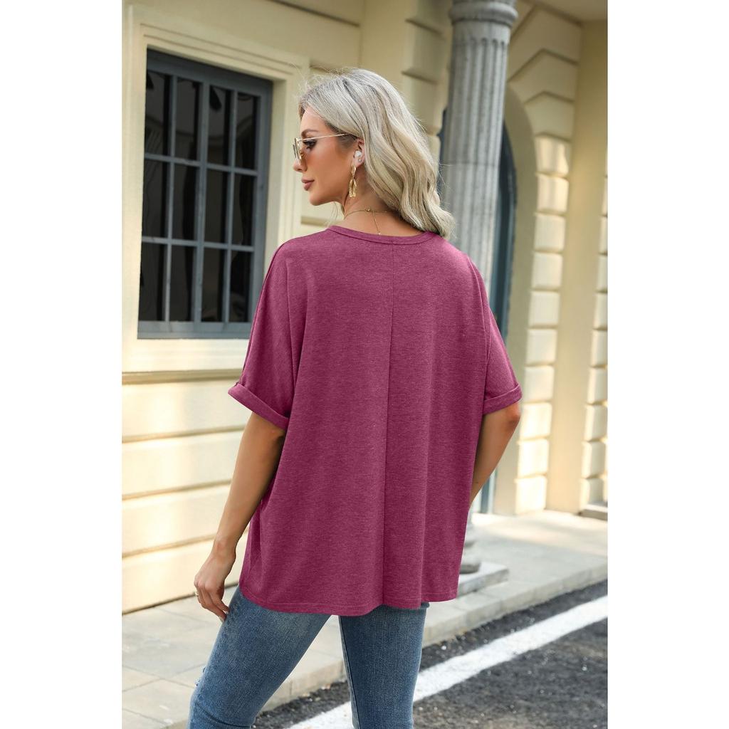 HNXC Spring Summer Solid-color Round-neck Loose Short-sleeved T-shirt Top for Women