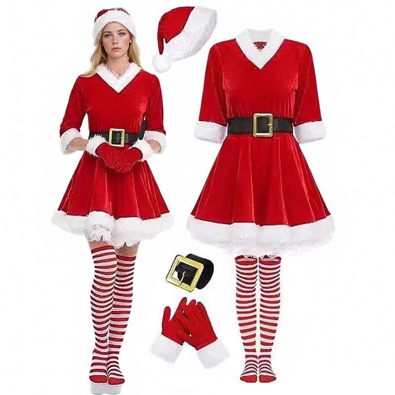5 Stück Nikolaus Kostüm Für Damen Clause Nikolaus Kleid Weihnachts Outfits Kleider Hut Handschuhe Gürtel Strümpfe Für Weihnachten Jahr