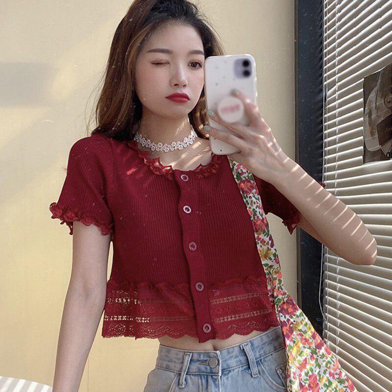Moda 0-cuello Mujer Manga Corta Camiseta Encaje Sólido Moda 0-cuello Mujer Manga Corta Camiseta Encaje Sólido