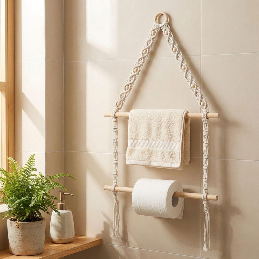 Double-layer Wooden Towel Holder Hand-woven Toilet Paper Holder Tissue Paper Racks  Bathroom