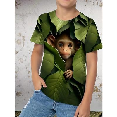 T-shirt à manches courtes et col rond pour enfants, nouvelle mode 2024, créatif, imprimé graphique de singe 3D, décontracté, vêtements