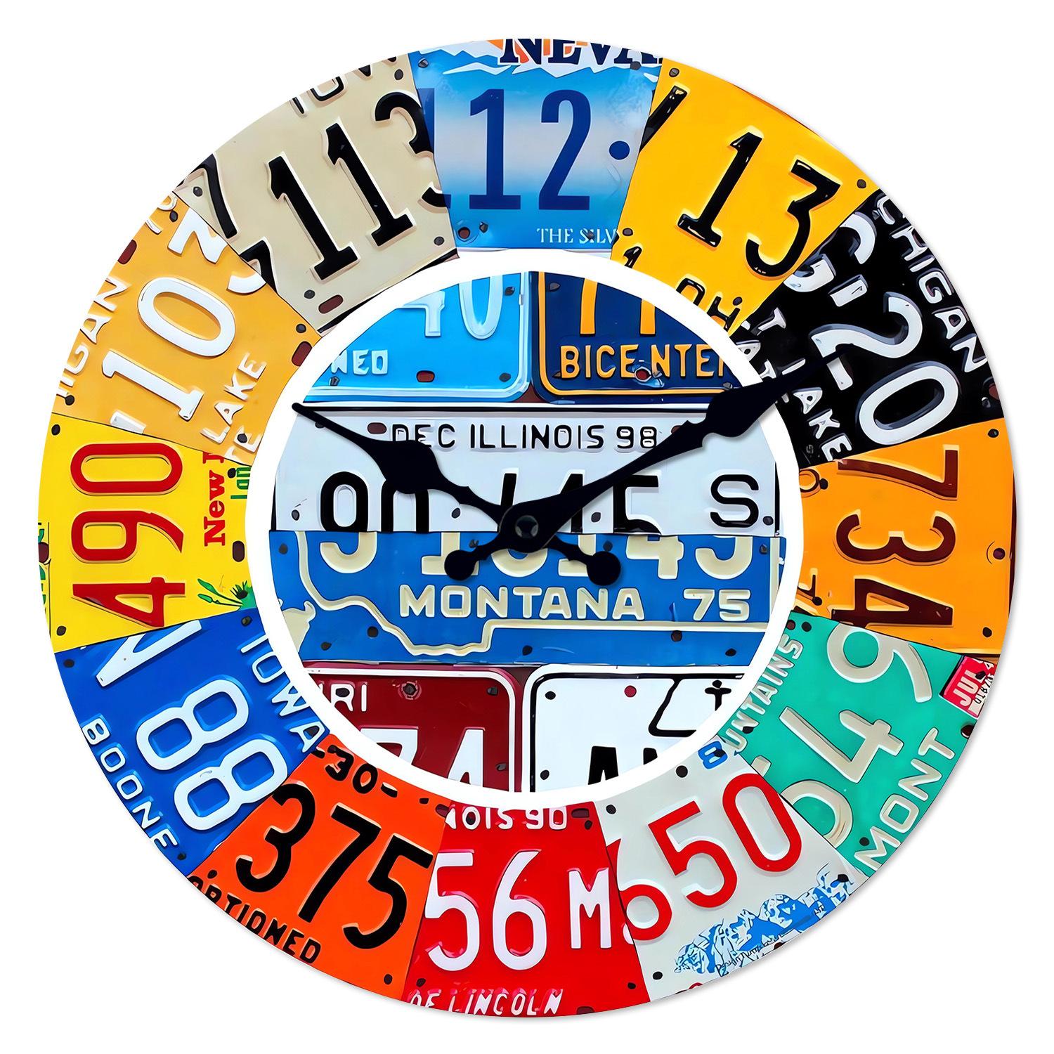 

12-inch Wooden Retro Wall Clock with Highland Cattle Car License Plate Silent Clock 12 inch