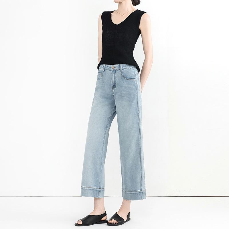 Summer Thin Nine-point Straight Jeans for Women with High Waist Fashionable Commuting Small Loose Slim Wide-leg Pants