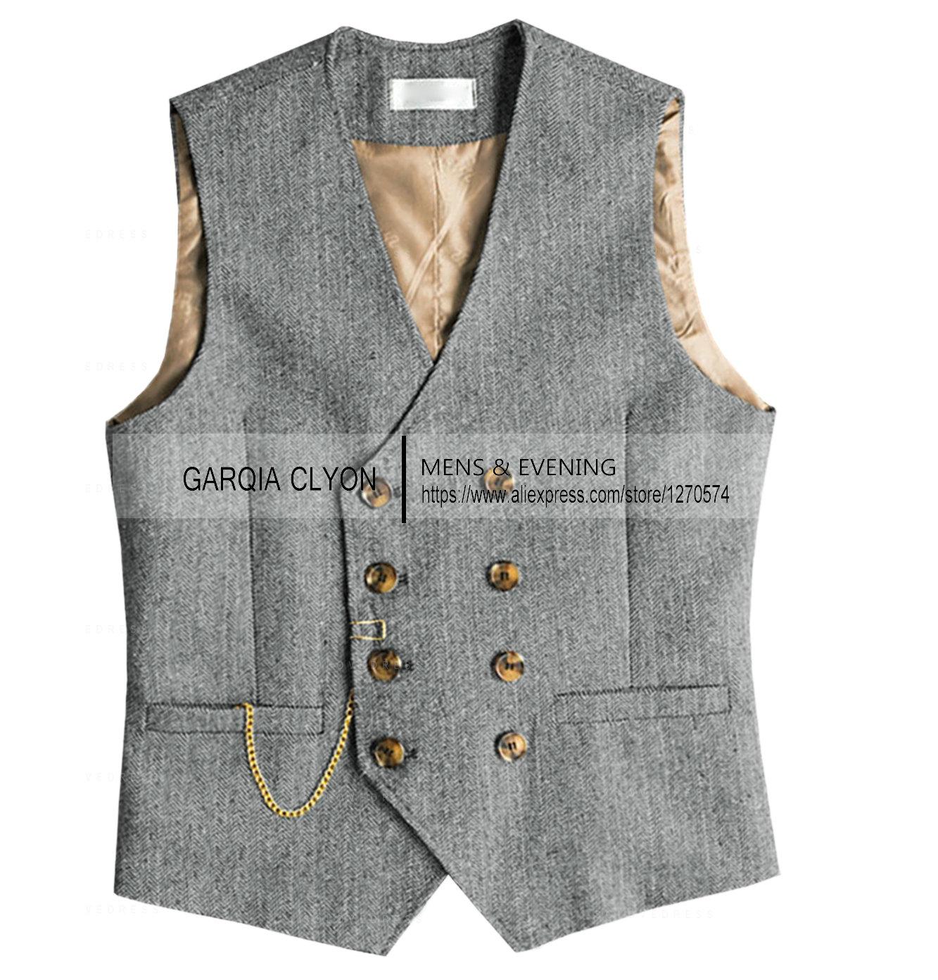 

New Arrival Men s Waistcoat Herringbone Homespun Fabric Double Breasted Men s Slim Fit Vests For Wedding Groom Business Casual XXXL срібний