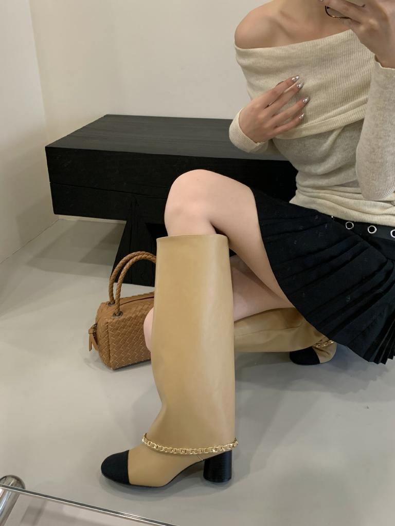 Premium Xiaoxiangfeng Apricot Black Splicing Thick Heel Pants Boots Women's 2025 Autumn Knight High Boots But Knee Boots