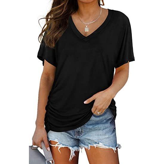 GMXIA Women's Solid Color Bat-sleeve Side Pleated V-neck Short-sleeved T-shirt