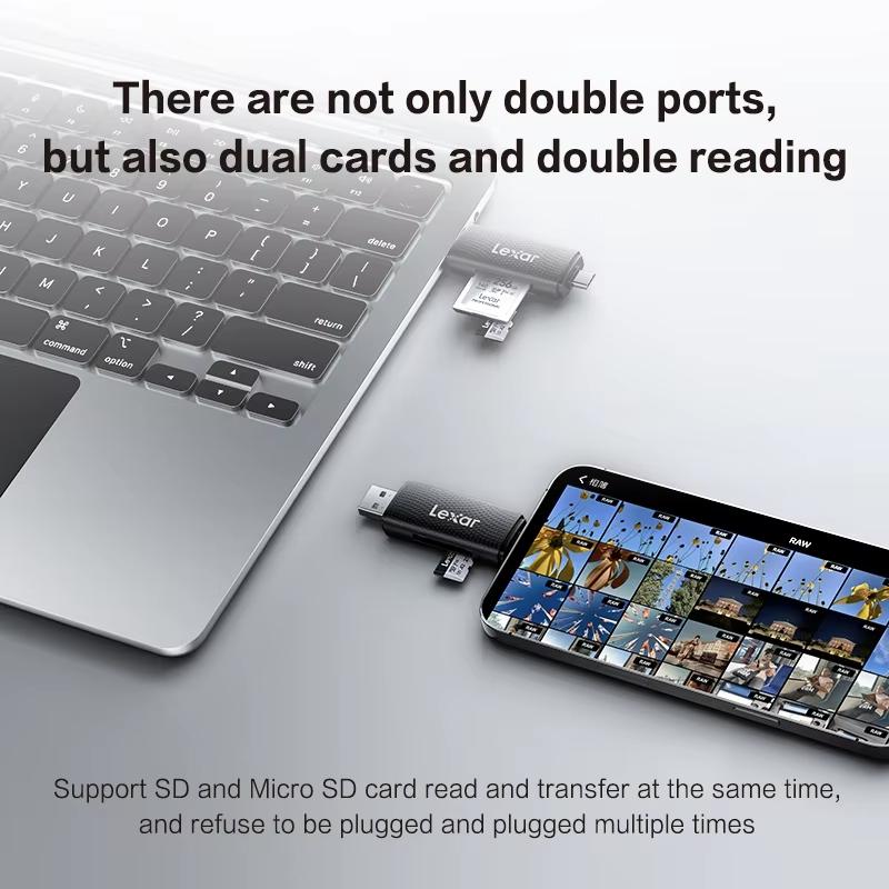 Lexar Card Reader Dual-Slot USB-A USB-C Type-C Reader Up To 205Mb/s 2-in-1 Card Reader SD Card Reader and Micro SD Card Reader for Computer and Phone
