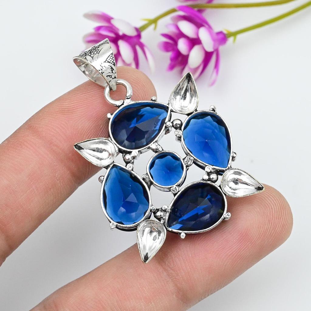 Blue Sapphire Pendant, Handmade Gemstone Pendant, 925 Solid Sterling Silver Pendant Antique Jewelry, For Engagement Gift
