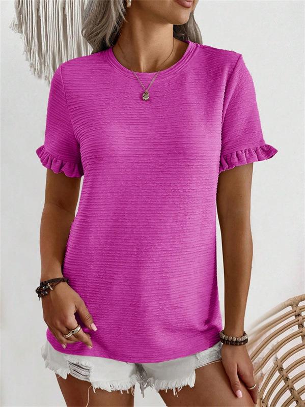 2024 European Summer Women's Ruffle Sleeve Round Neck T-shirt - Comfortable & Versatile Solid Color Top